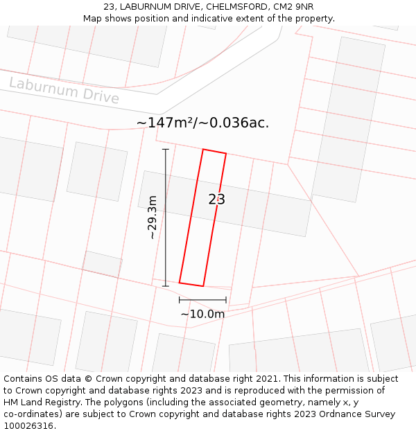 23, LABURNUM DRIVE, CHELMSFORD, CM2 9NR: Plot and title map