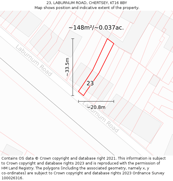 23, LABURNUM ROAD, CHERTSEY, KT16 8BY: Plot and title map