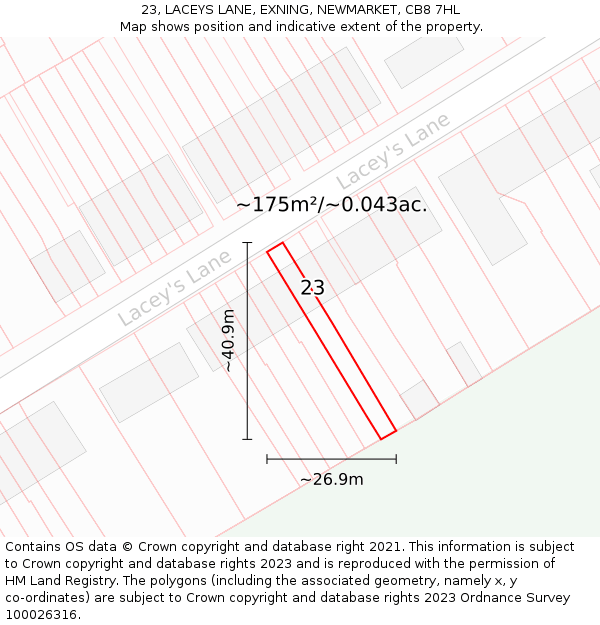 23, LACEYS LANE, EXNING, NEWMARKET, CB8 7HL: Plot and title map