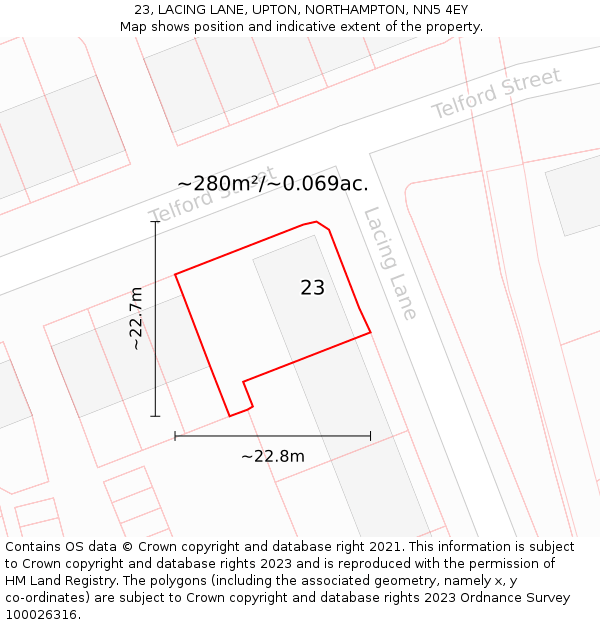 23, LACING LANE, UPTON, NORTHAMPTON, NN5 4EY: Plot and title map