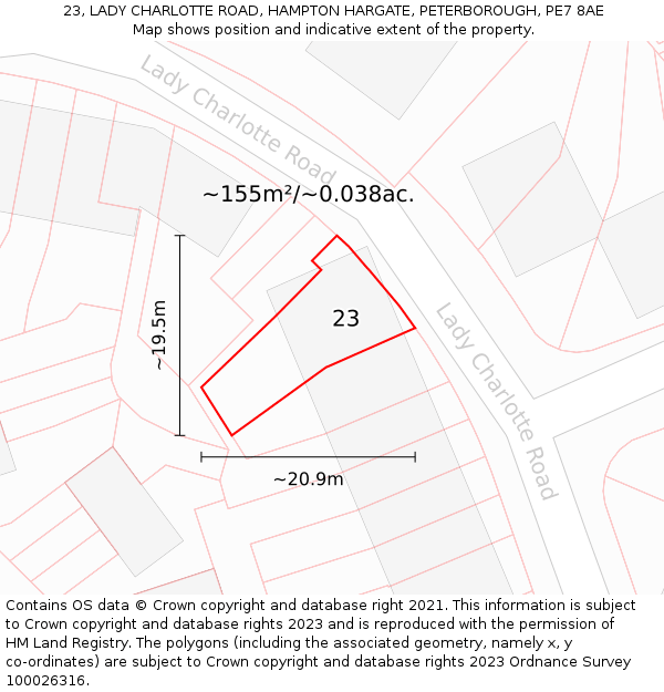 23, LADY CHARLOTTE ROAD, HAMPTON HARGATE, PETERBOROUGH, PE7 8AE: Plot and title map