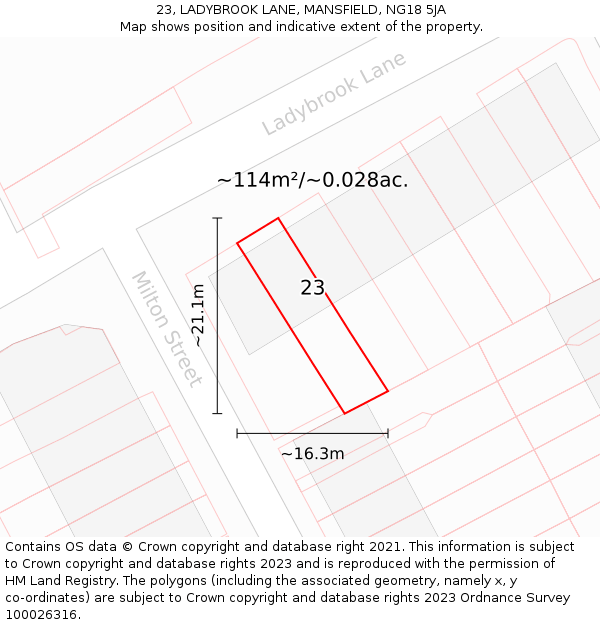 23, LADYBROOK LANE, MANSFIELD, NG18 5JA: Plot and title map