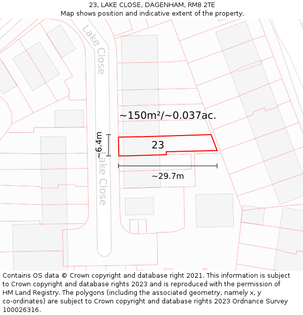 23, LAKE CLOSE, DAGENHAM, RM8 2TE: Plot and title map