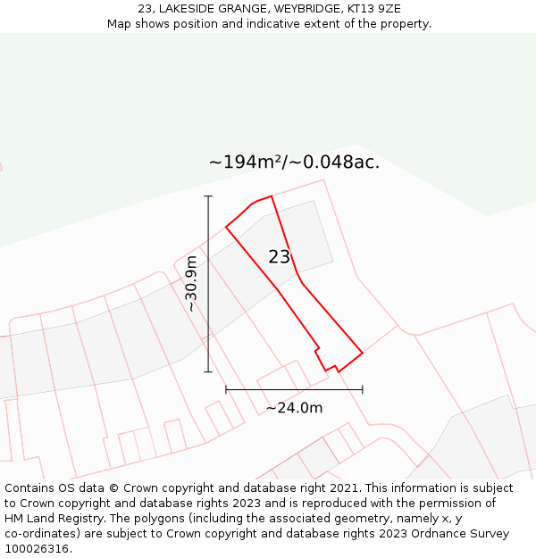 23, LAKESIDE GRANGE, WEYBRIDGE, KT13 9ZE: Plot and title map