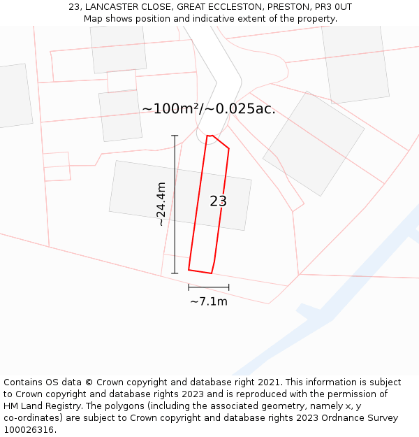 23, LANCASTER CLOSE, GREAT ECCLESTON, PRESTON, PR3 0UT: Plot and title map