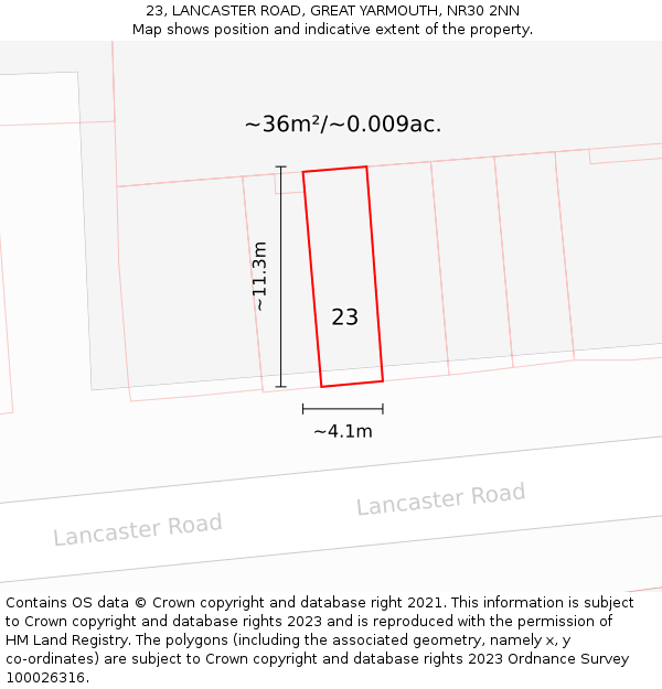 23, LANCASTER ROAD, GREAT YARMOUTH, NR30 2NN: Plot and title map