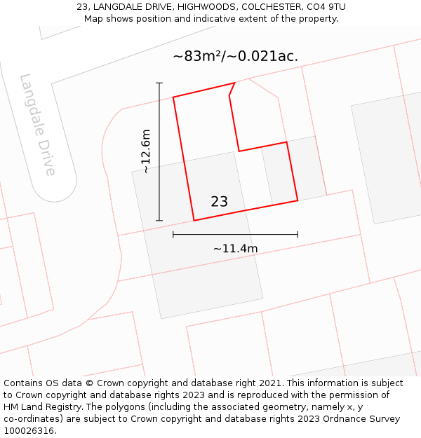 23, LANGDALE DRIVE, HIGHWOODS, COLCHESTER, CO4 9TU: Plot and title map