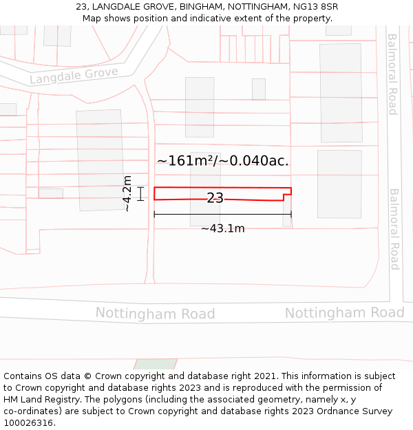 23, LANGDALE GROVE, BINGHAM, NOTTINGHAM, NG13 8SR: Plot and title map