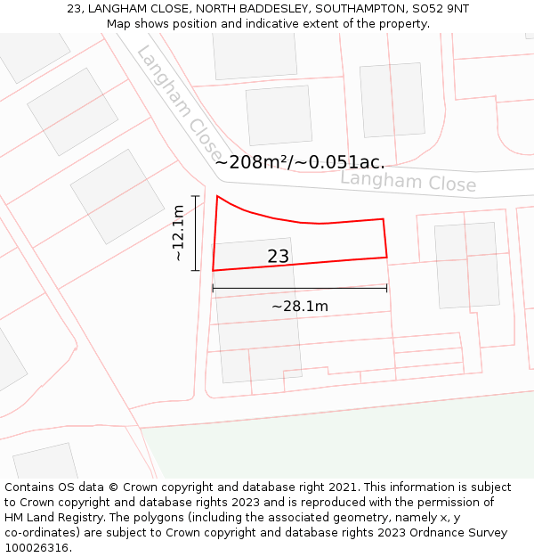 23, LANGHAM CLOSE, NORTH BADDESLEY, SOUTHAMPTON, SO52 9NT: Plot and title map
