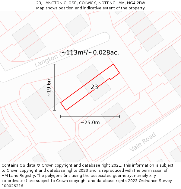 23, LANGTON CLOSE, COLWICK, NOTTINGHAM, NG4 2BW: Plot and title map