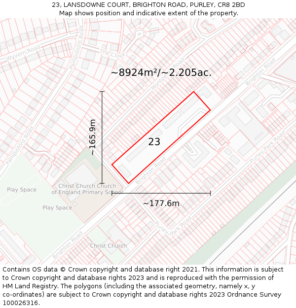 23, LANSDOWNE COURT, BRIGHTON ROAD, PURLEY, CR8 2BD: Plot and title map