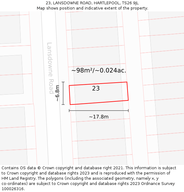 23, LANSDOWNE ROAD, HARTLEPOOL, TS26 9JL: Plot and title map