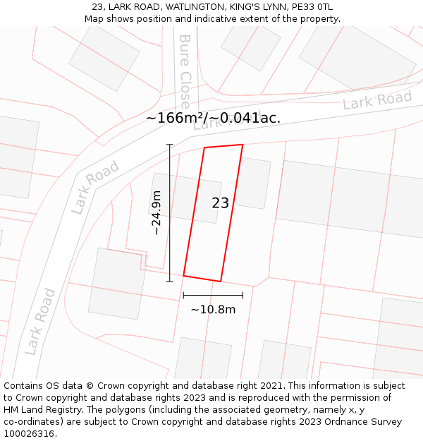 23, LARK ROAD, WATLINGTON, KING'S LYNN, PE33 0TL: Plot and title map