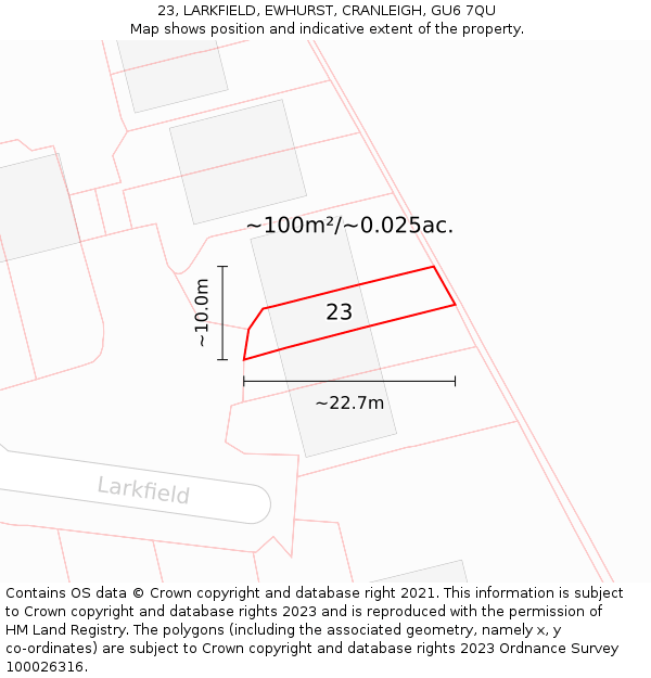 23, LARKFIELD, EWHURST, CRANLEIGH, GU6 7QU: Plot and title map