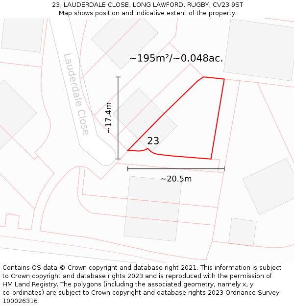 23, LAUDERDALE CLOSE, LONG LAWFORD, RUGBY, CV23 9ST: Plot and title map