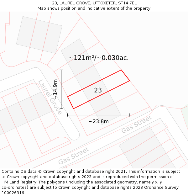 23, LAUREL GROVE, UTTOXETER, ST14 7EL: Plot and title map