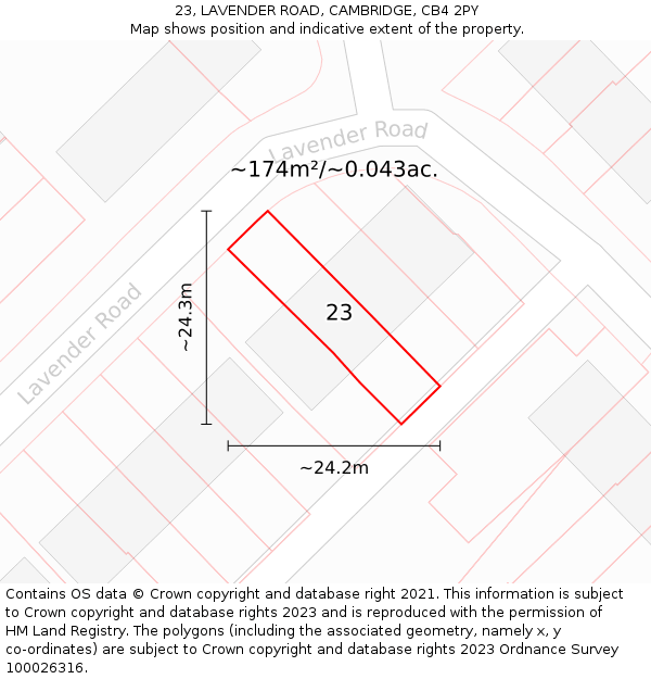 23, LAVENDER ROAD, CAMBRIDGE, CB4 2PY: Plot and title map
