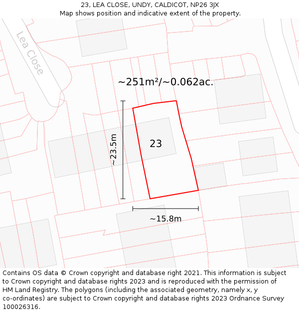 23, LEA CLOSE, UNDY, CALDICOT, NP26 3JX: Plot and title map