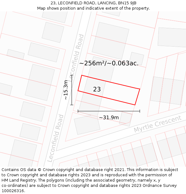 23, LECONFIELD ROAD, LANCING, BN15 9JB: Plot and title map