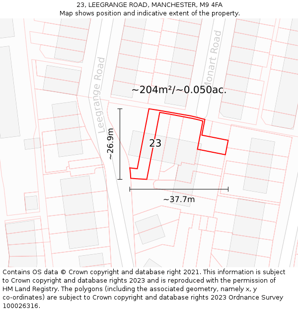 23, LEEGRANGE ROAD, MANCHESTER, M9 4FA: Plot and title map