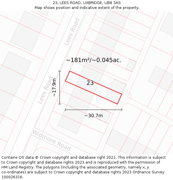 23, LEES ROAD, UXBRIDGE, UB8 3AS: Plot and title map