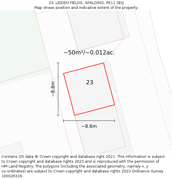 23, LEIDEN FIELDS, SPALDING, PE11 3EQ: Plot and title map