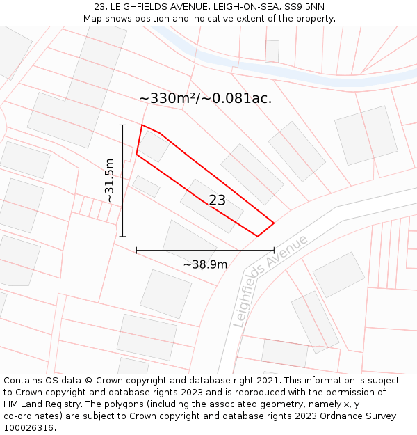 23, LEIGHFIELDS AVENUE, LEIGH-ON-SEA, SS9 5NN: Plot and title map