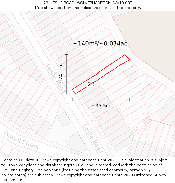 23, LESLIE ROAD, WOLVERHAMPTON, WV10 0BT: Plot and title map