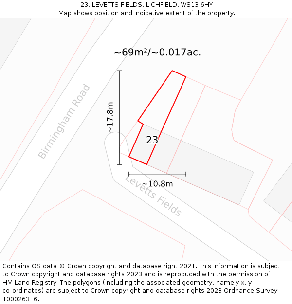 23, LEVETTS FIELDS, LICHFIELD, WS13 6HY: Plot and title map