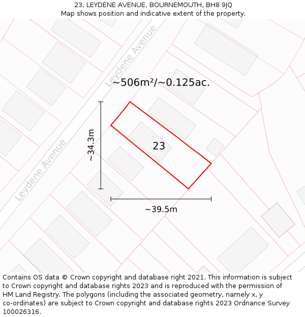 23, LEYDENE AVENUE, BOURNEMOUTH, BH8 9JQ: Plot and title map