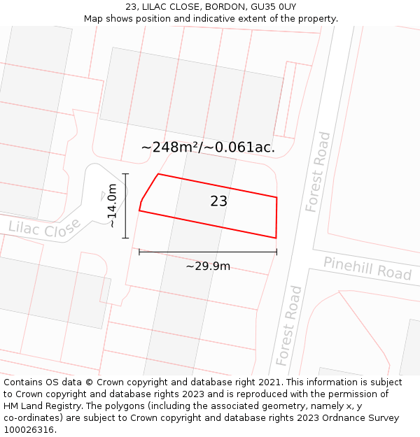 23, LILAC CLOSE, BORDON, GU35 0UY: Plot and title map