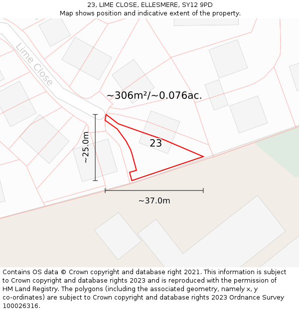 23, LIME CLOSE, ELLESMERE, SY12 9PD: Plot and title map