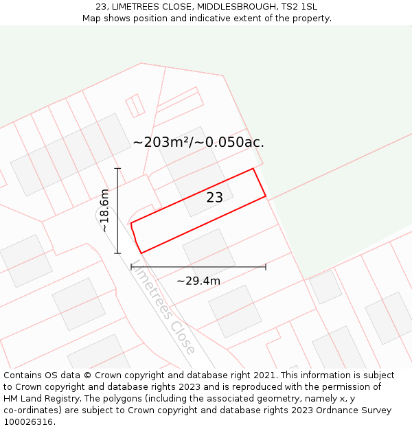 23, LIMETREES CLOSE, MIDDLESBROUGH, TS2 1SL: Plot and title map