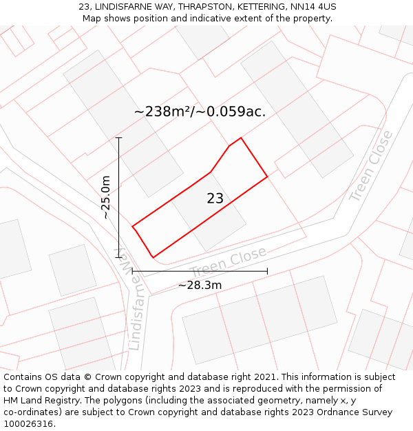 23, LINDISFARNE WAY, THRAPSTON, KETTERING, NN14 4US: Plot and title map