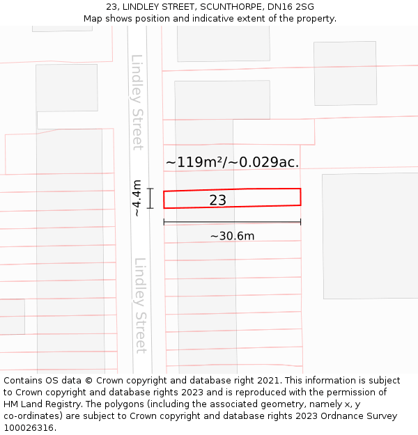 23, LINDLEY STREET, SCUNTHORPE, DN16 2SG: Plot and title map