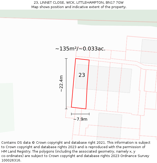 23, LINNET CLOSE, WICK, LITTLEHAMPTON, BN17 7GW: Plot and title map