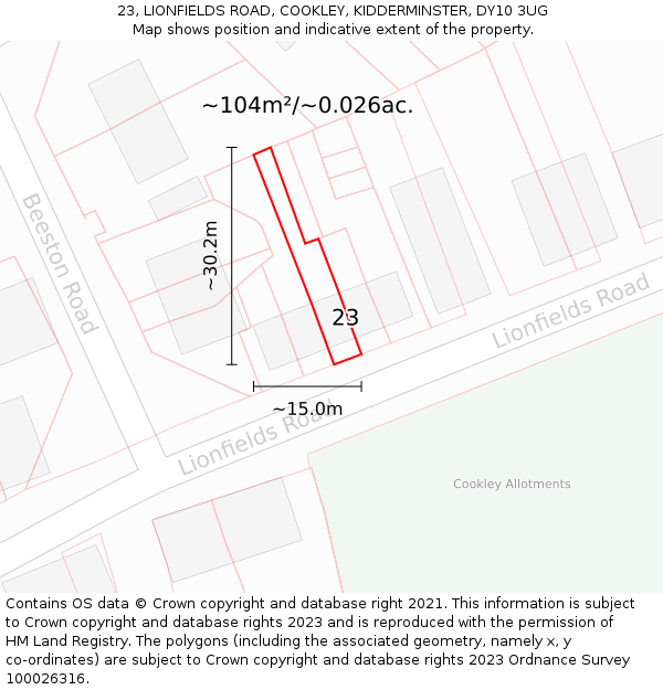23, LIONFIELDS ROAD, COOKLEY, KIDDERMINSTER, DY10 3UG: Plot and title map