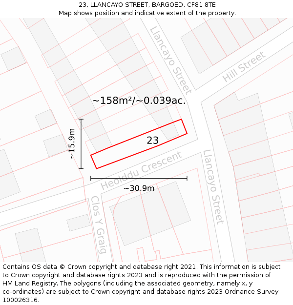 23, LLANCAYO STREET, BARGOED, CF81 8TE: Plot and title map