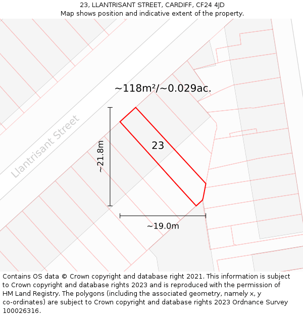 23, LLANTRISANT STREET, CARDIFF, CF24 4JD: Plot and title map