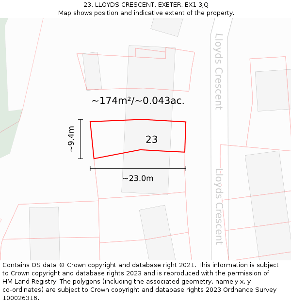23, LLOYDS CRESCENT, EXETER, EX1 3JQ: Plot and title map
