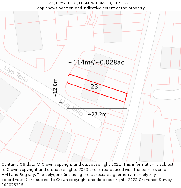 23, LLYS TEILO, LLANTWIT MAJOR, CF61 2UD: Plot and title map