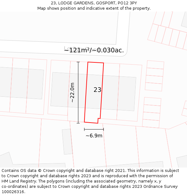 23, LODGE GARDENS, GOSPORT, PO12 3PY: Plot and title map