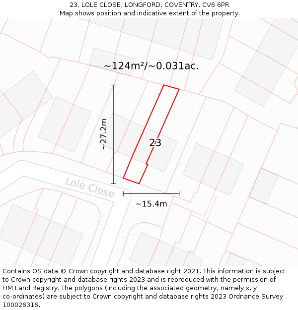 23, LOLE CLOSE, LONGFORD, COVENTRY, CV6 6PR: Plot and title map