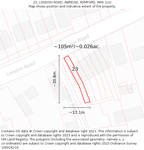 23, LONDON ROAD, ABRIDGE, ROMFORD, RM4 1UU: Plot and title map