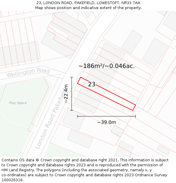 23, LONDON ROAD, PAKEFIELD, LOWESTOFT, NR33 7AA: Plot and title map