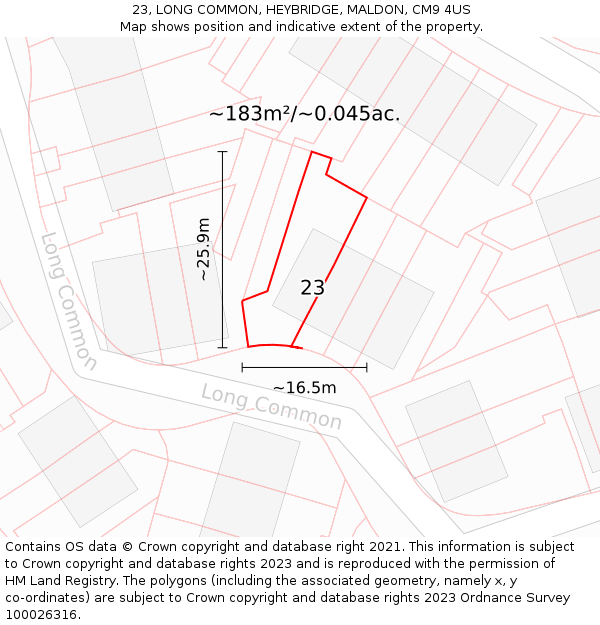 23, LONG COMMON, HEYBRIDGE, MALDON, CM9 4US: Plot and title map