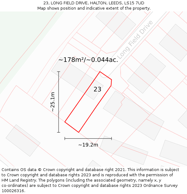 23, LONG FIELD DRIVE, HALTON, LEEDS, LS15 7UD: Plot and title map