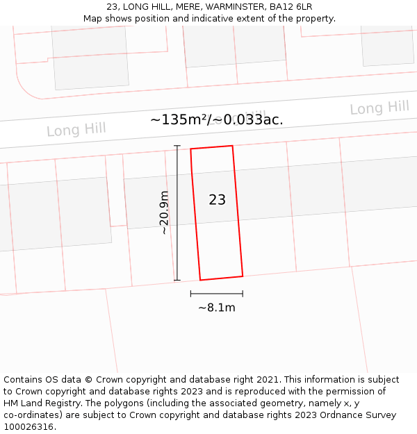 23, LONG HILL, MERE, WARMINSTER, BA12 6LR: Plot and title map