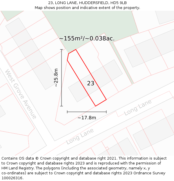 23, LONG LANE, HUDDERSFIELD, HD5 9LB: Plot and title map