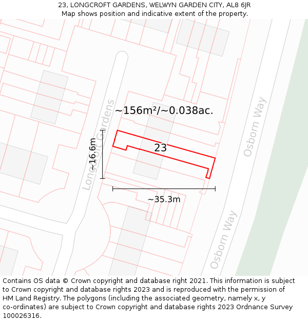 23, LONGCROFT GARDENS, WELWYN GARDEN CITY, AL8 6JR: Plot and title map